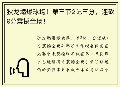 狄龙燃爆球场！第三节2记三分，连砍9分震撼全场！